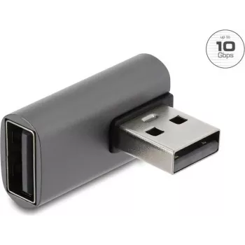 Delock USB 10 Gbps Type-A uros Type-A naaras -adapteri, vasemmalle taivutettu, alumiinikotelo