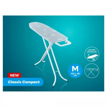 LEIFHEIT silityslauta Classic M Compact 120x38 cm puuvillapäällyksellä ja kiinteällä silitysraudan telineellä