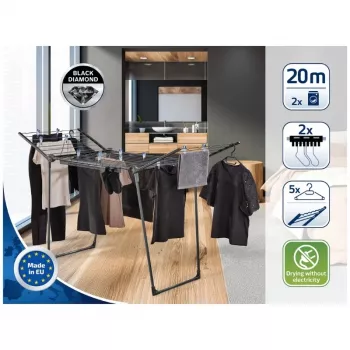 LEIFHEIT Pegasus 200 Solid Black -pyykkiteline, 20 m kuivauspituus, taitettava