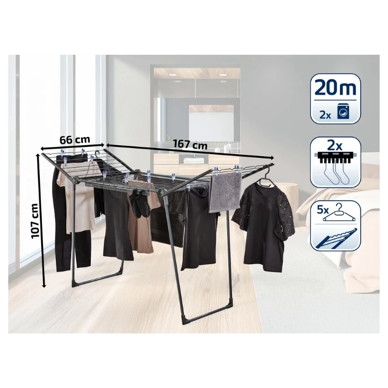 LEIFHEIT Pegasus 200 Solid Black -pyykkiteline, 20 m kuivauspituus, taitettava