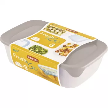 Curver Fresh & Go säilytyslaatikkosarja, 3 suorakaiteen muotoista astiaa, 2L + 1L + 0,5L, läpinäkyvä värillisillä ilmatiiviillä kansilla