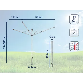 LEIFHEIT LinoLift 500 pyykkikaruselli, 50 m naru, alumiinirunko, korkeussäädettävä 106-179 cm, UV-kestävät narut, maahela mukana
