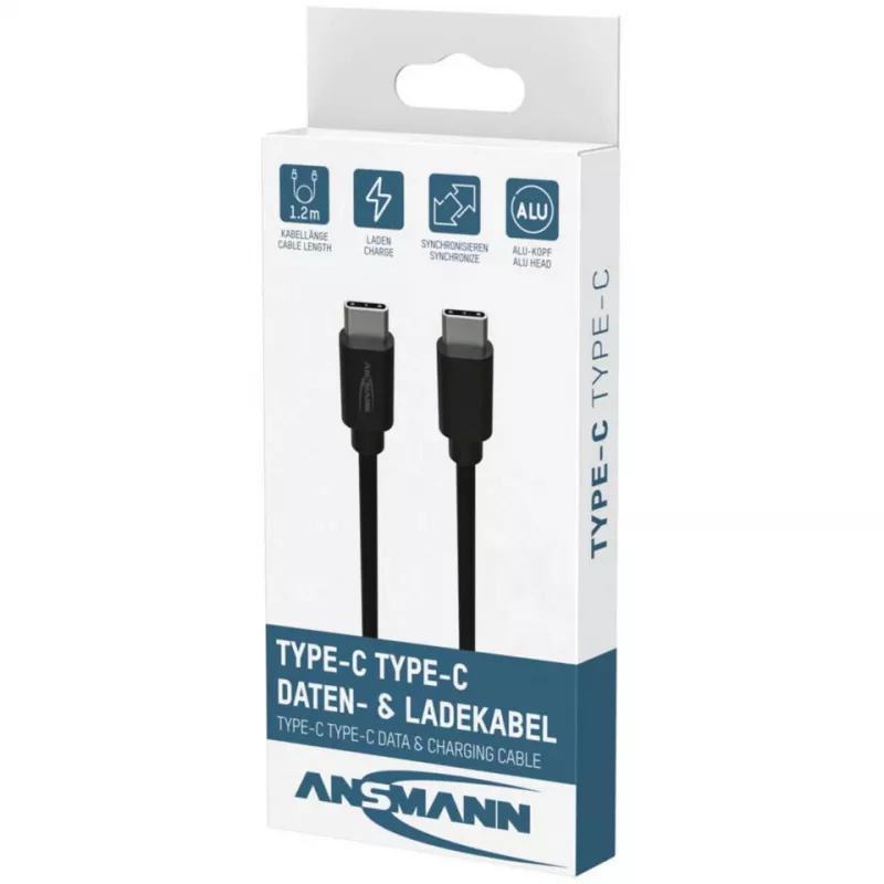 ANSMANN USB-C - USB-C data- ja latauskaapeli, 1,2 m, 60W Power Delivery, musta