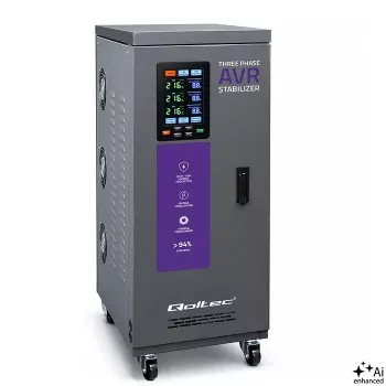 Qoltec 20kVA kolmivaiheinen servomoottori-jännitteenstabilisaattori AVR LCD-näytöllä, ±3% tarkkuus, Expert Line
