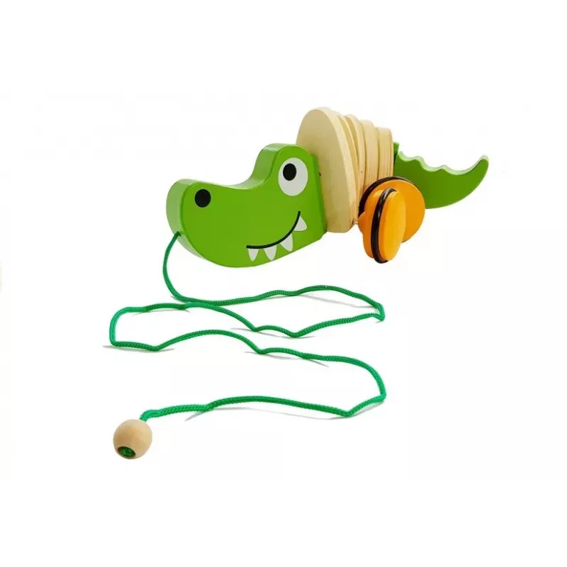 LEAN TOYS Puinen krokotiili pyörillä 18 cm vetolelu