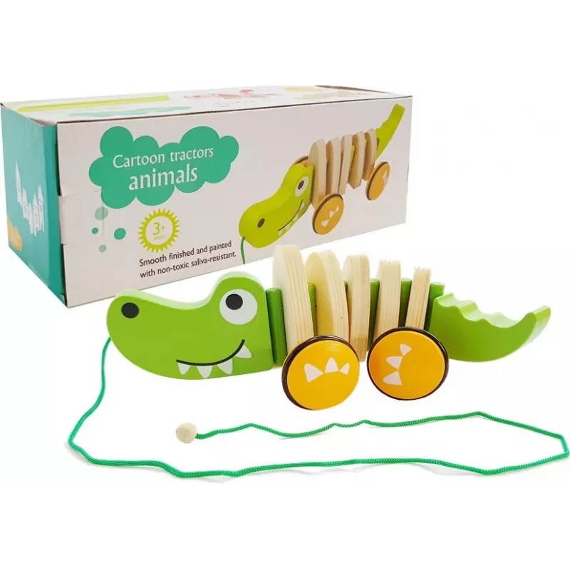 LEAN TOYS Puinen krokotiili pyörillä 18 cm vetolelu