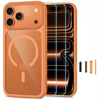 TECH-PROTECT MAGONE MagSafe-kotelo 2 kpl:n pakkauksella karkaistua lasia oleva näytönsuoja iPhone 17 Pro / 18 Pro – Cosmic Orange/läpinäkyvä