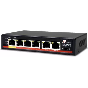 GETFORT GF-106D-4P-65 6-port Fast Ethernet PoE+ kytkin 4 PoE-portilla ja 2 uplink-portilla, 65W budjetti, metalli pöytämalli