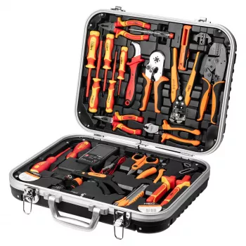 NEO TOOLS 25-osainen sähköasentajan työkalulaukku sarja, VDE-eristetyt käsityökalut jännitetesterillä, kuorintapihdeillä, piihdeillä, ruuvimeisseleillä ja tarvikkeilla tukevassa muovilaukussa