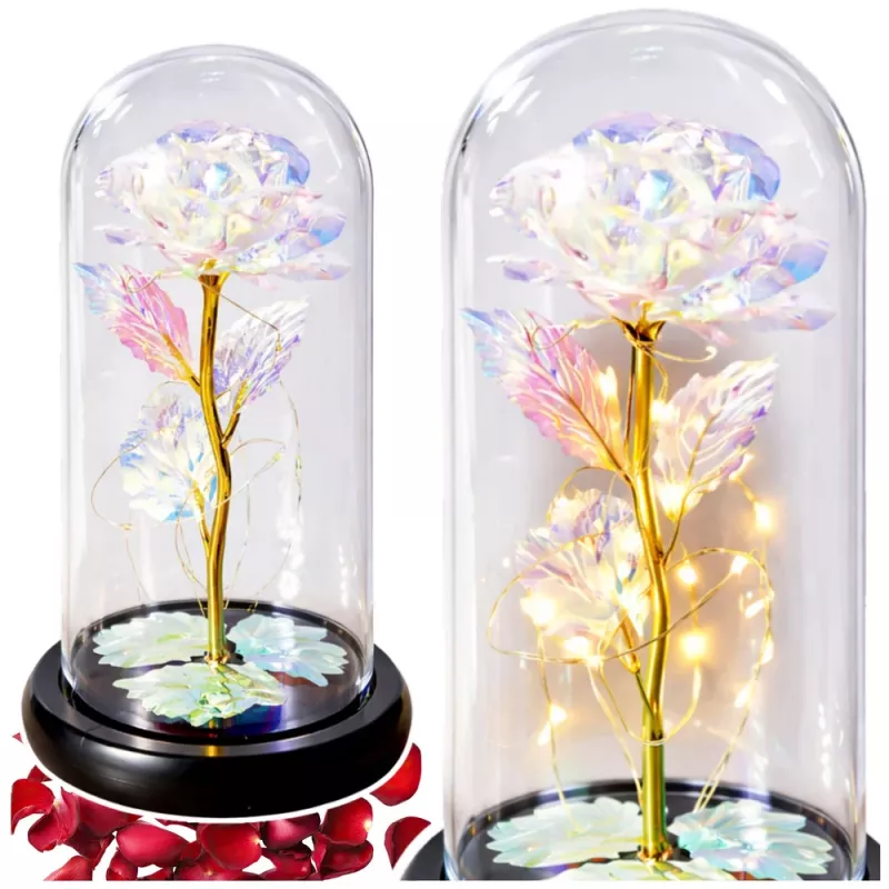 LEAN ikuinen ruusu lasikristallikuvussa, värikäs LED-valaistus, 21x11 cm
