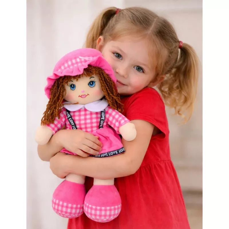 LEAN TOYS kangasnukke pehmoeläin ruutukuvioinen mekko pinkki 35 cm