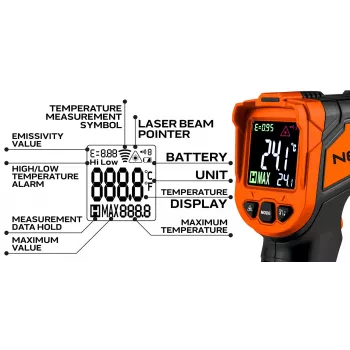 NEO TOOLS 75-276 pyrometri, kosketukseton infrapunalämpömittari kaksoislasertähtäimellä, -50 °C - 880 °C, 12:1 D:S, säädettävä emissiivisyys, taustavalaistu LCD