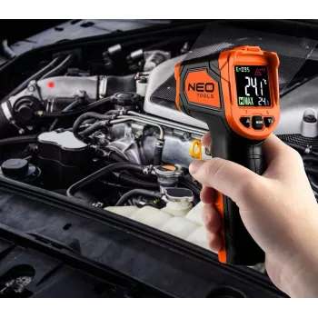 NEO TOOLS 75-276 pyrometri, kosketukseton infrapunalämpömittari kaksoislasertähtäimellä, -50 °C - 880 °C, 12:1 D:S, säädettävä emissiivisyys, taustavalaistu LCD