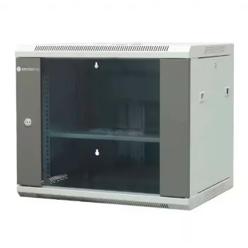 EMITER EM/AP6409 9U seinäasennettava verkkokaappi 19 tuuman 600x450x500 mm harmaa, karkaistu lasiovi, lukittava