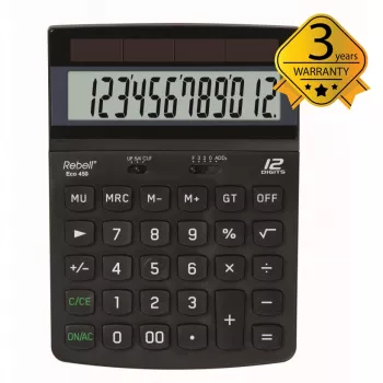 REBELL RE-ECO 450 BX pöytälaskin, 12-numeroinen LCD, Dual Power, kierrätysmuovi, musta
