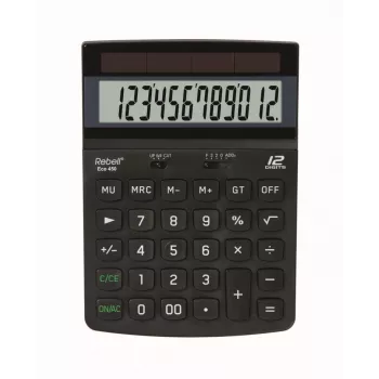 REBELL RE-ECO 450 BX pöytälaskin, 12-numeroinen LCD, Dual Power, kierrätysmuovi, musta