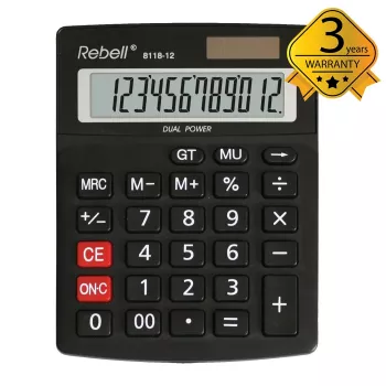 REBELL RE-8118-12 BX puolipöytälaskin, 12-numeroinen kallistettu LCD, Dual-Power aurinko & paristo, musta