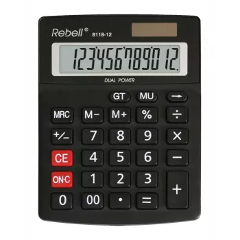 REBELL RE-8118-12 BX puolipöytälaskin, 12-numeroinen kallistettu LCD, Dual-Power aurinko & paristo, musta