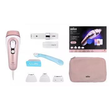 Braun PL7432 IPL Silk·expert Pro 5 karvanpoistolaite SensoAdapt™-tekniikalla, 400 000 välähdystä, 10 tehotasoa, tarkkuusosa, Venus Swirl -parranajokone, valkoinen