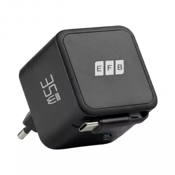 EFB Elektronik G352CE 35W GaN USB-C -seinälaturi, sisäänvedettävä 0,7 m kaapeli, PD3.0 & QC3.0, musta