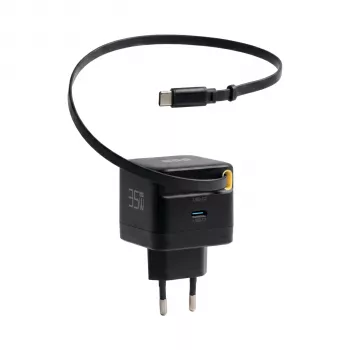 EFB Elektronik G352CE 35W GaN USB-C -seinälaturi, sisäänvedettävä 0,7 m kaapeli, PD3.0 & QC3.0, musta
