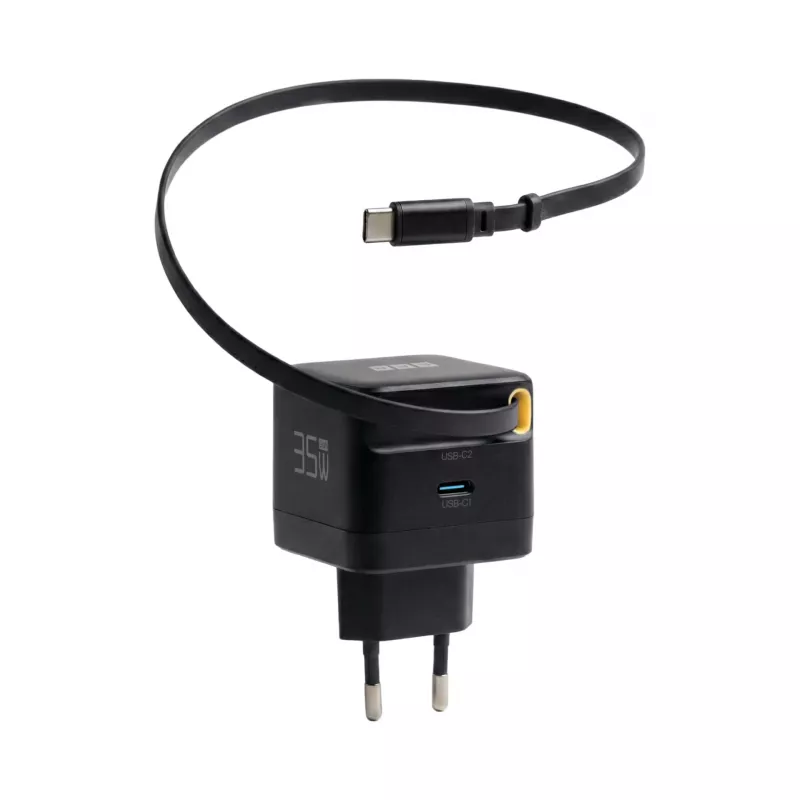 EFB Elektronik G352CE 35W GaN USB-C -seinälaturi, sisäänvedettävä 0,7 m kaapeli, PD3.0 & QC3.0, musta
