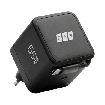EFB Elektronik G652CE 65W GaN USB-C PD 3.0 -seinälaturi, sisäänvedettävä kaapeli, musta