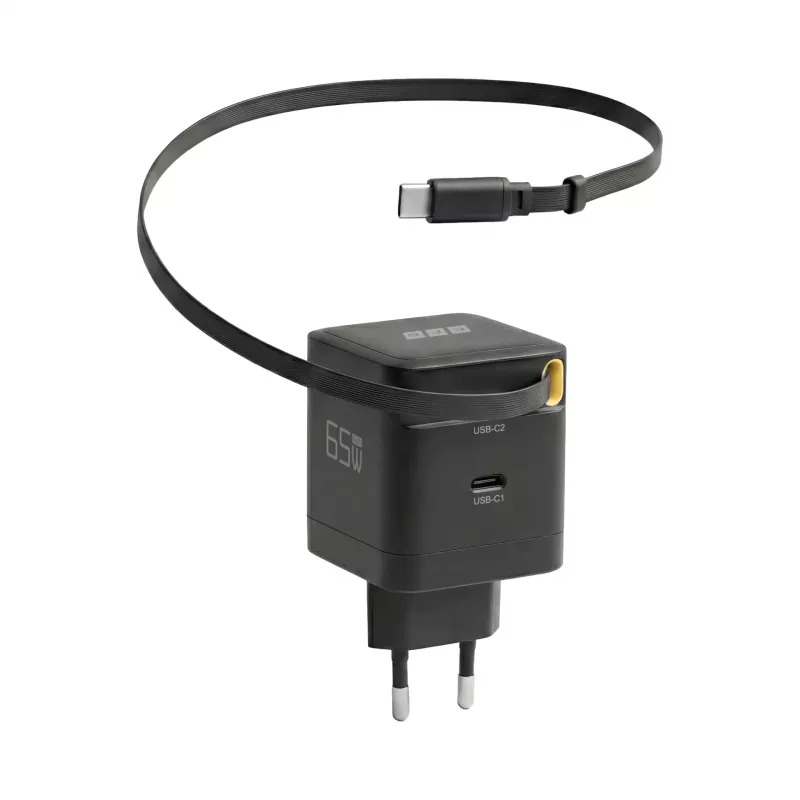EFB Elektronik G652CE 65W GaN USB-C PD 3.0 -seinälaturi, sisäänvedettävä kaapeli, musta