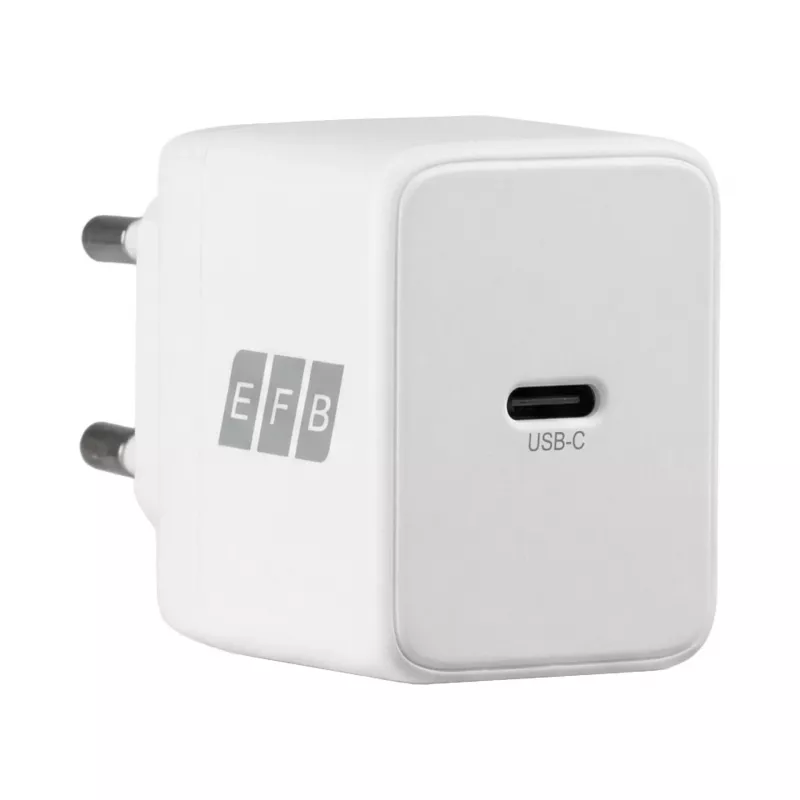 EFB Elektronik G201CE 20W USB-C GaN -seinälaturisarja, 2 m USB-C-kaapeli, PD3.0 & QC3.0, valkoinen