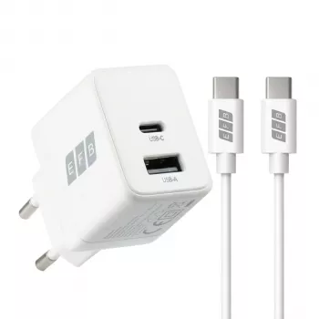 EFB Elektronik G201A1CE 20W GaN USB-C PD3.0 + USB-A QC3.0 -seinälaturisarja, 2 m USB-C-kaapeli, valkoinen