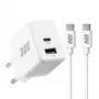 EFB Elektronik G201A1CE 20W GaN USB-C PD3.0 + USB-A QC3.0 -seinälaturisarja, 2 m USB-C-kaapeli, valkoinen