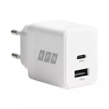 EFB Elektronik G201A1CE 20W GaN USB-C PD3.0 + USB-A QC3.0 -seinälaturisarja, 2 m USB-C-kaapeli, valkoinen