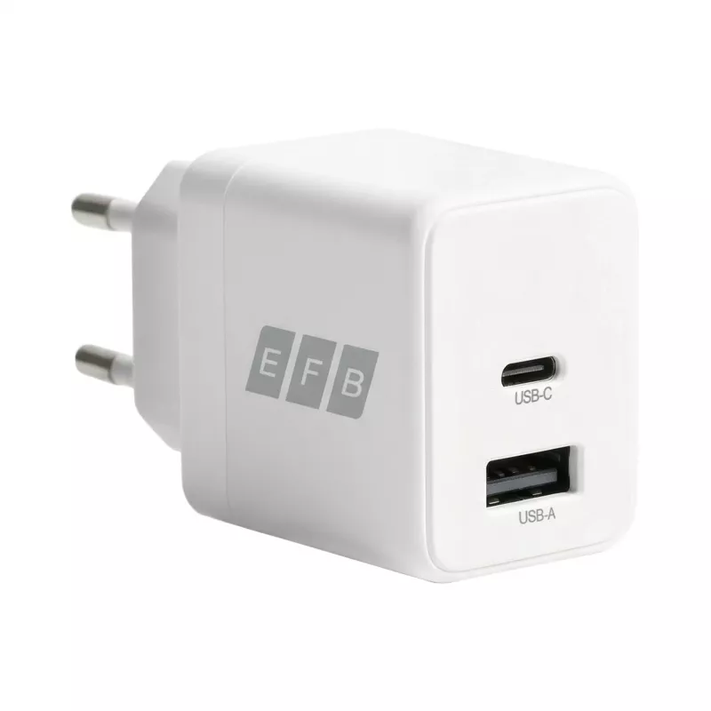 EFB Elektronik G201A1CE 20W GaN USB-C PD3.0 + USB-A QC3.0 -seinälaturisarja, 2 m USB-C-kaapeli, valkoinen