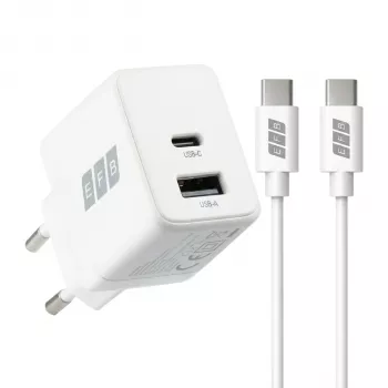EFB Elektronik G301A1CE 30W GaN USB-C PD3.0 + USB-A QC3.0 -seinälaturisarja, 2 m USB-C-kaapeli, valkoinen