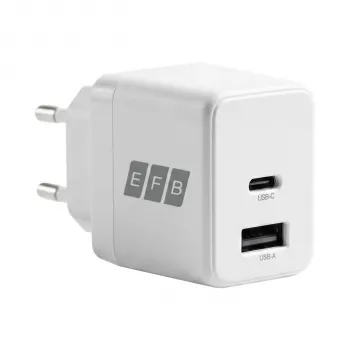 EFB Elektronik G301A1CE 30W GaN USB-C PD3.0 + USB-A QC3.0 -seinälaturisarja, 2 m USB-C-kaapeli, valkoinen