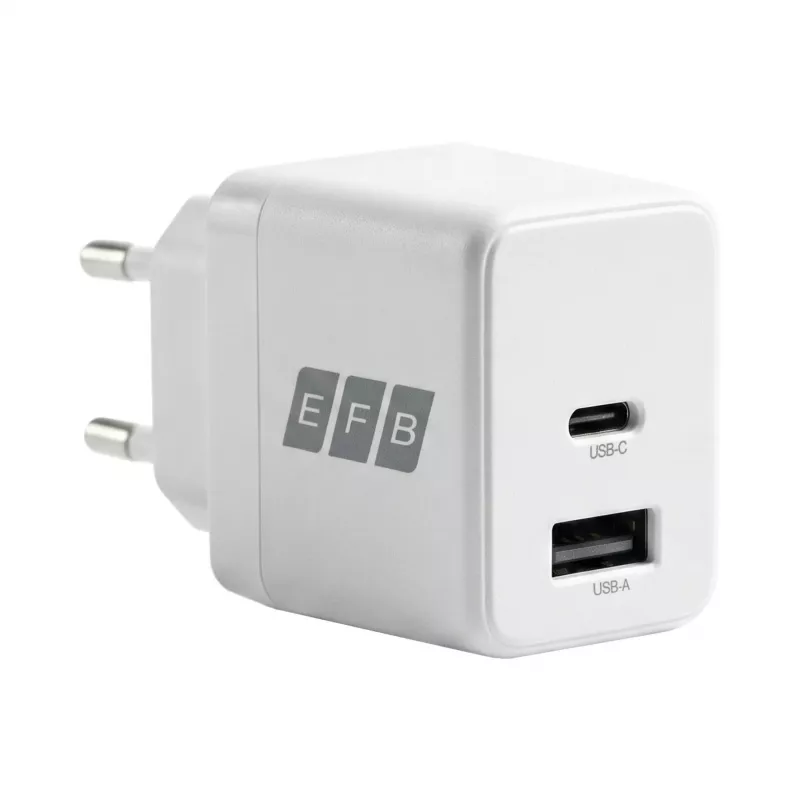 EFB Elektronik G301A1CE 30W GaN USB-C PD3.0 + USB-A QC3.0 -seinälaturisarja, 2 m USB-C-kaapeli, valkoinen