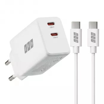 EFB Elektronik G452CE 45W Dual USB-C GaN -seinälaturisarja, 2 m USB-C-kaapeli, valkoinen
