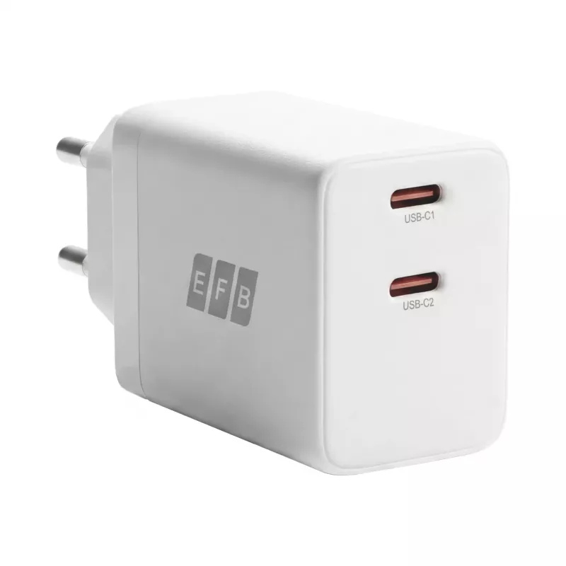 EFB Elektronik G452CE 45W Dual USB-C GaN -seinälaturisarja, 2 m USB-C-kaapeli, valkoinen