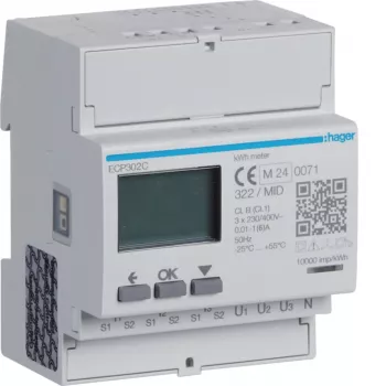 Hager ECP302C kolmivaiheinen energiamittari 1A- tai 5A-virtamuuntajille, 4-moduuli DIN-kisko, S0-pulssilähtö