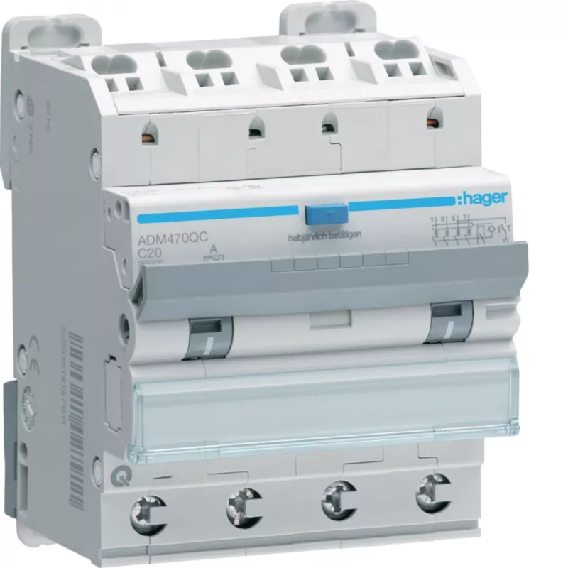 Hager ADM470QC vikavirtasuojakytkin 4P 6kA C20 30mA tyyppi A Quick Connect