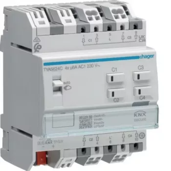 Hager TYAS624C KNX Secure 4-kanava rullaverho-/kaihdinaktori, 230 V AC, DIN-kisko