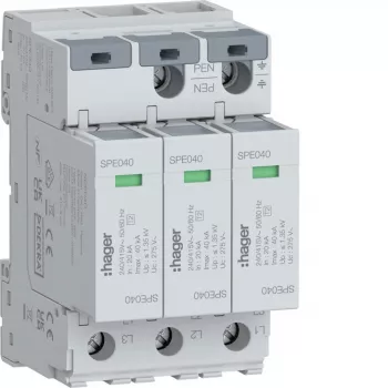Hager SPE340 Type 2 ylijännitesuojalaite, 3-napainen, TNS/TT, 275V, 20kA, 40kA Imax