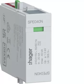 Hager ylijännitesuojamoduuli N-PE Type 2 SPD 255V 20kA/40kA 1,5kV SPE040N