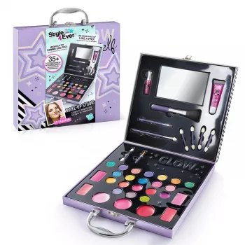 Canal Toys Make-Up Studio (OFG313) – lapsiturvallinen kosmetiikkasetti, jossa 10 luomiväriä, 6 huulikiiltoa, 2 poskipunaa, applikoattorit, siveltimet ja avattava peilikotelo