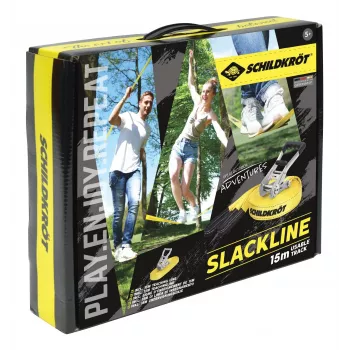 SCHILDKRÖT slackline-sarja 15 m keltainen, 50 mm leveä räikkäkiristys – tasapainoharjoittelusarja 970701