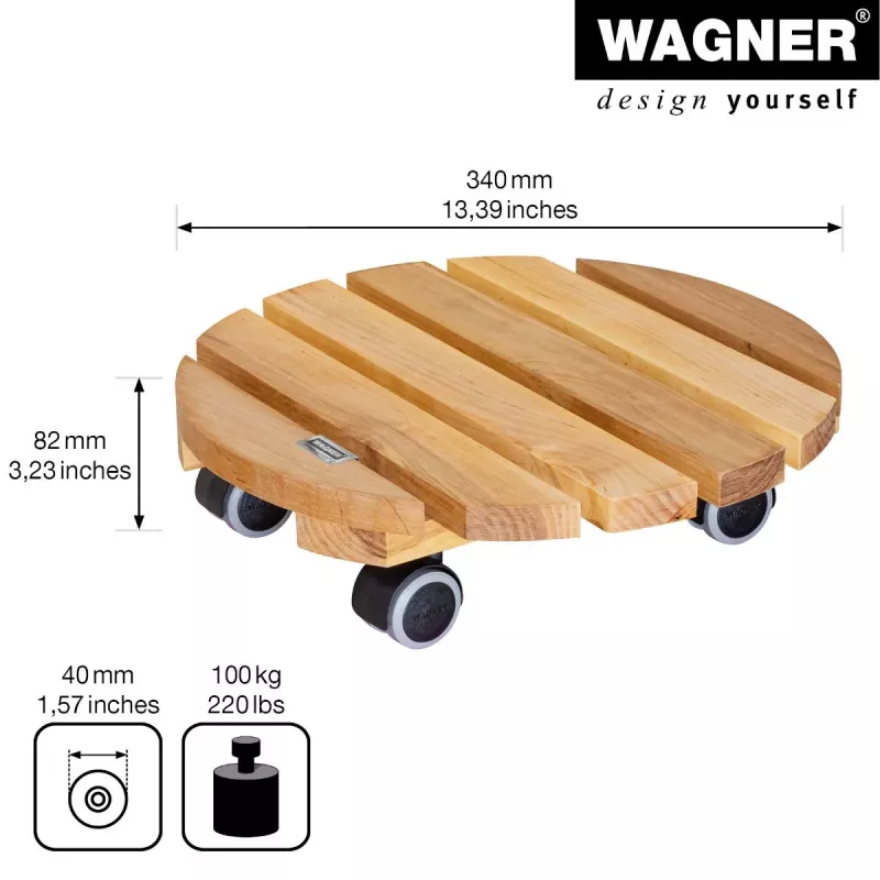 WAGNER Multiroller ERLE soft pyöreä Ø34cm kasvirulla, massiivileppäpuu, 100 kg, 3 ohjausrullaa, lattiaa suojaava 20026201