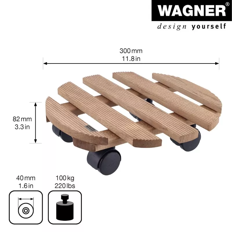 WAGNER Multiroller Country palisanteri pyöreä kasvinalusta, massiivipalisanteripuu, 300 mm, 100 kg 20018301