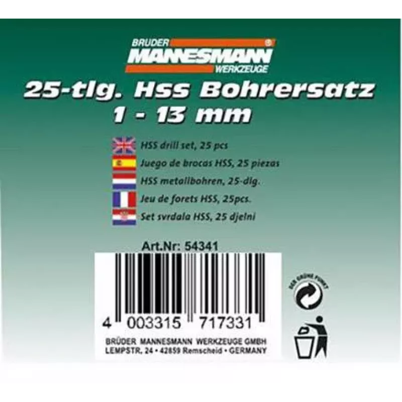 Brüder Mannesmann M54341 25-osainen HSS-kierrepoporasarja, 1-13 mm metallilaukussa