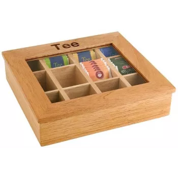 APS vaaleanruskea bambu teelaatikko kirkkaalla katseluikkunalla, 9 lokeroa, 31 x 28 x 9 cm 11775