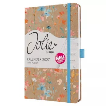 SIGEL Jolie 2027 viikkokalenteri A5 sininen Floral Serenity kovakantinen kuminauhalla, kynäsilmukalla, lukunauhalla, sisätaskulla, 144 sivua, 80 g/m² paperi, pyöristetyt kulmat, monikielinen 7J807